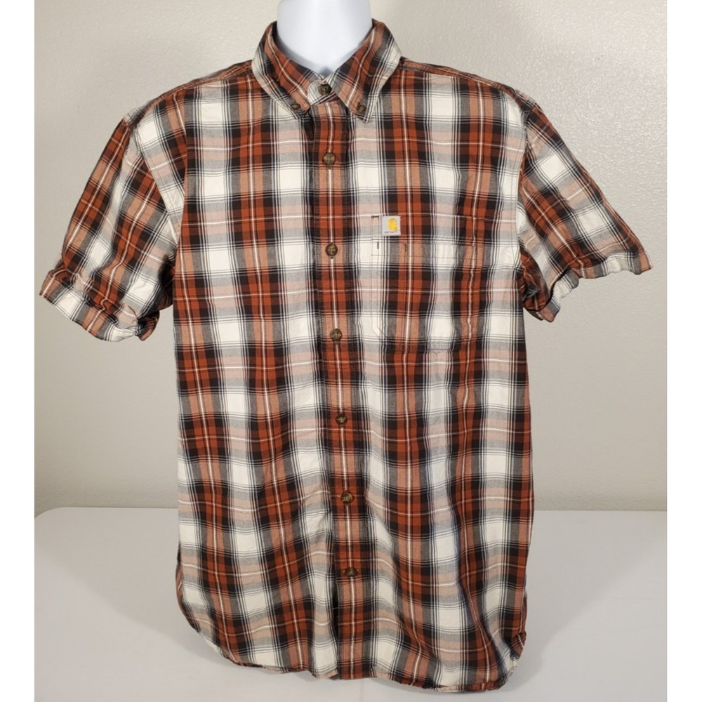 Carhartt Men's L Button Down Shirt Brown /White Plaid Short Sleeves Relaxed‎ Fit